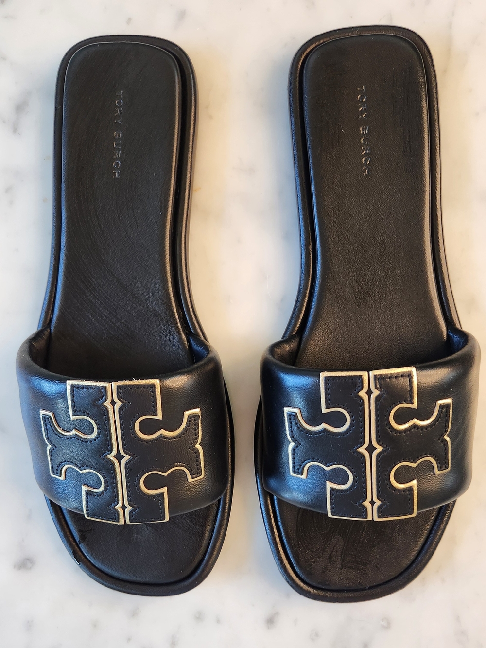 NEW Tory Burch Double T Sport Slide Sandals, Perfect Black & Gold, Sz 9.5
